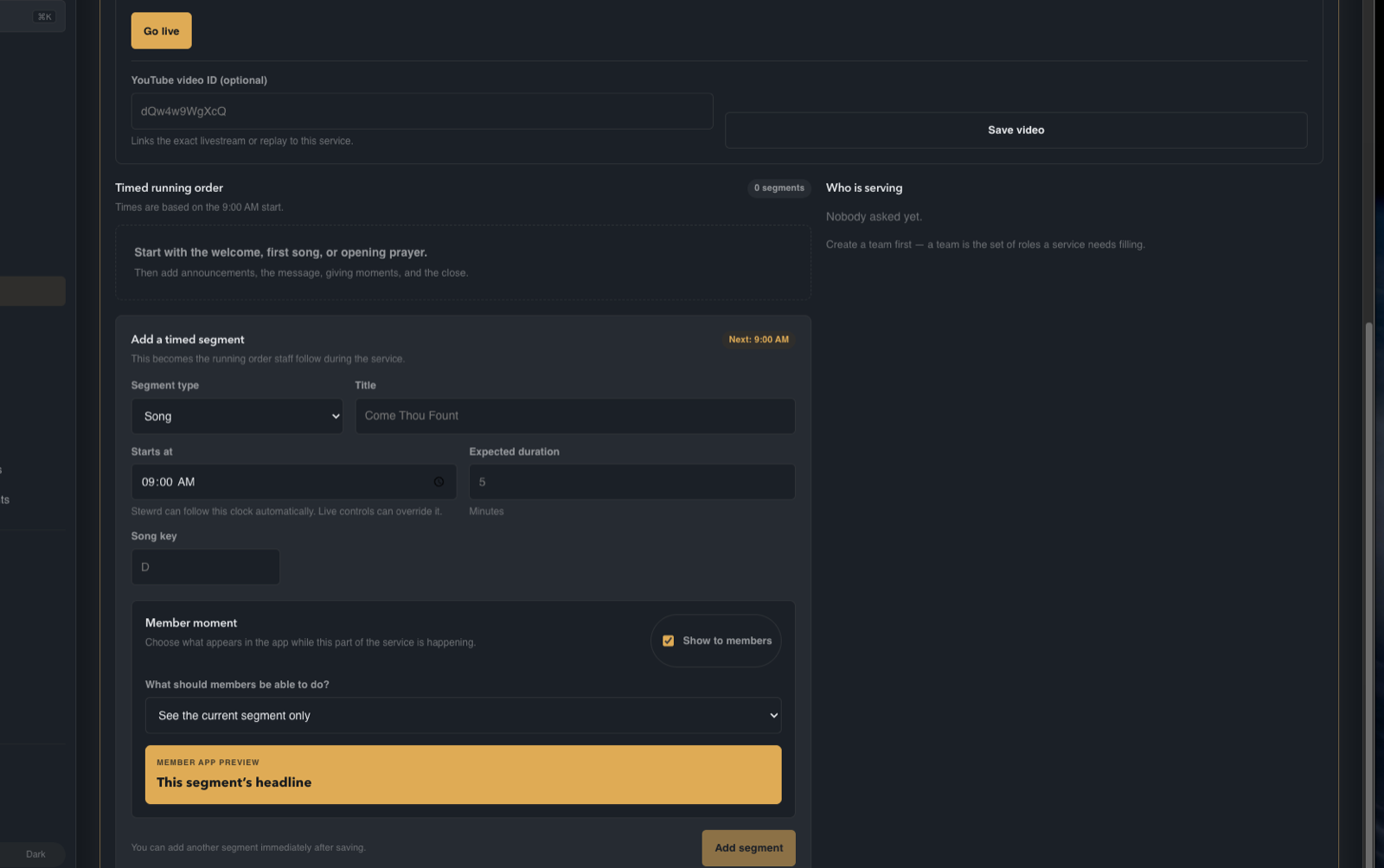 Service Flow editor linking timed service segments to member actions