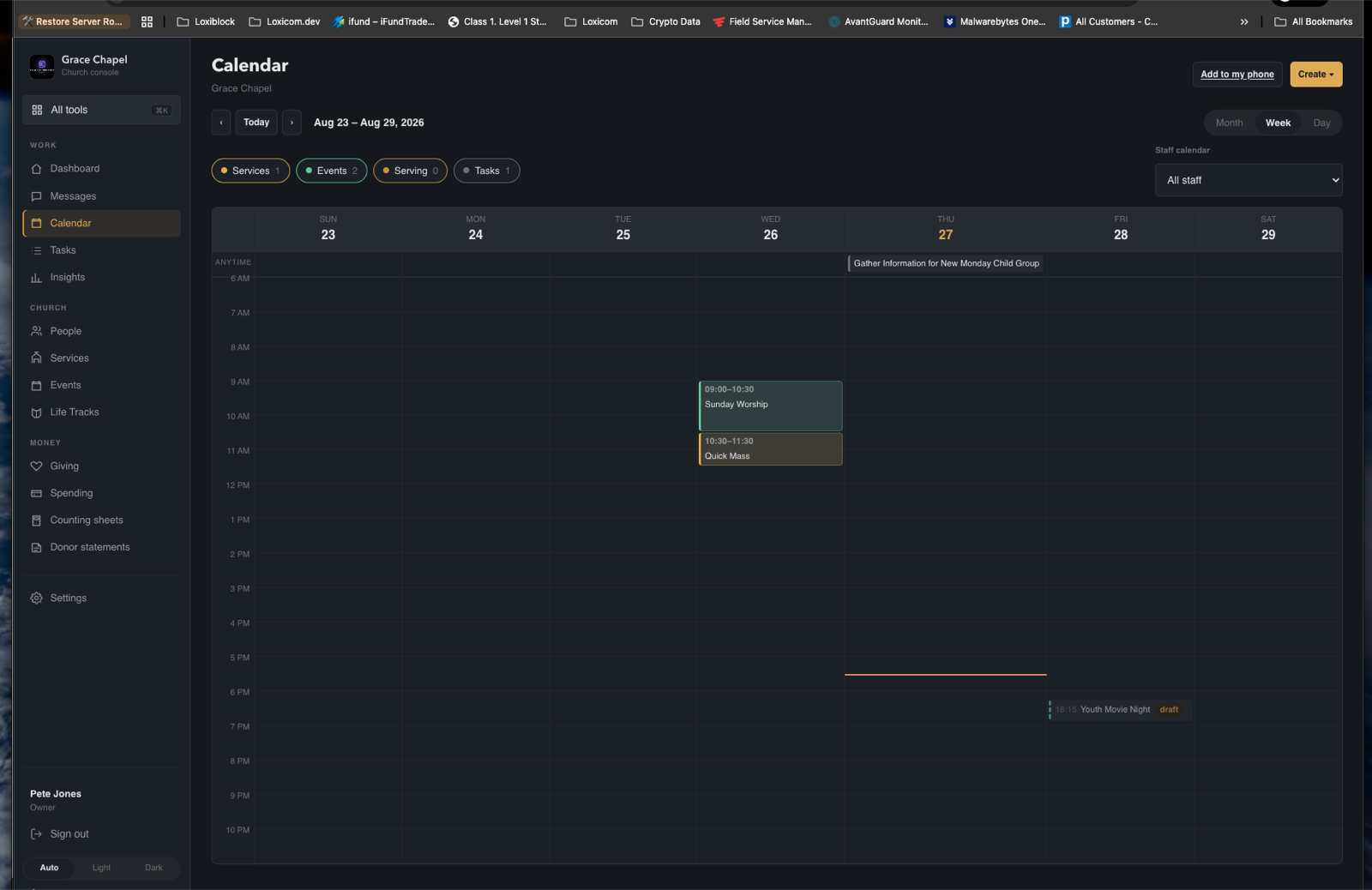 Stewrd staff calendar showing services, events and tasks